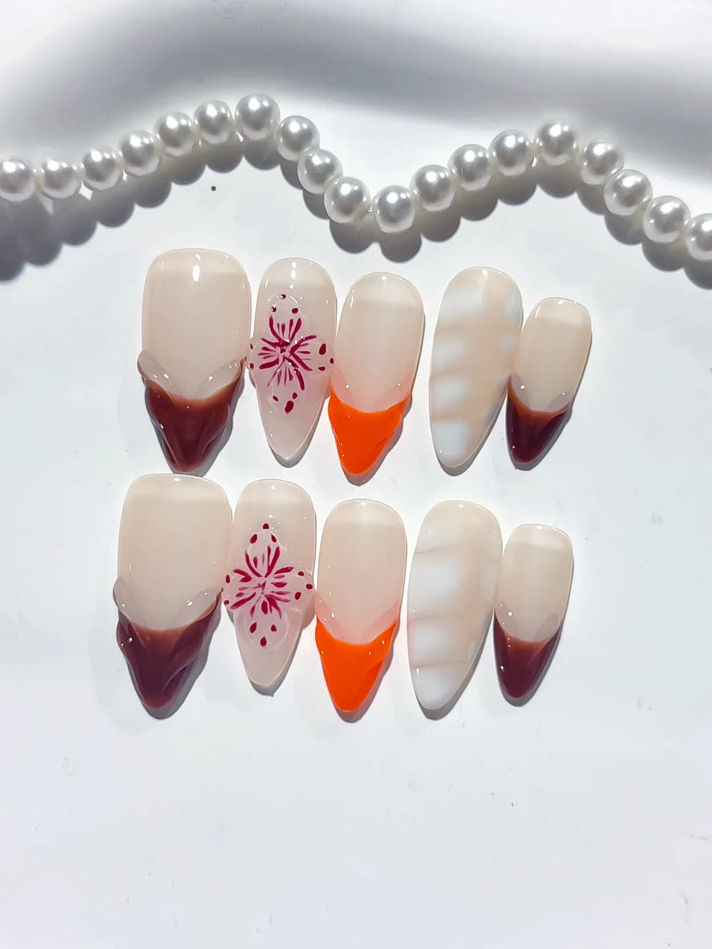 D380 - Medium Nude Brown Almond French tip Flower 3D
