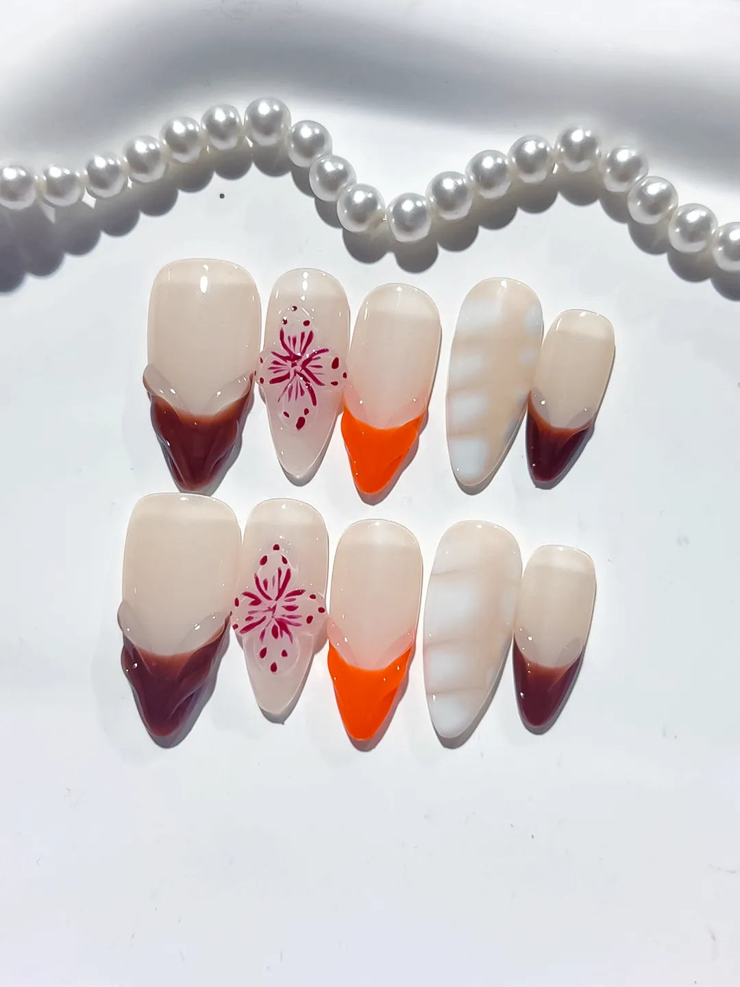 D380 - Medium Nude Brown Almond French tip Flower 3D