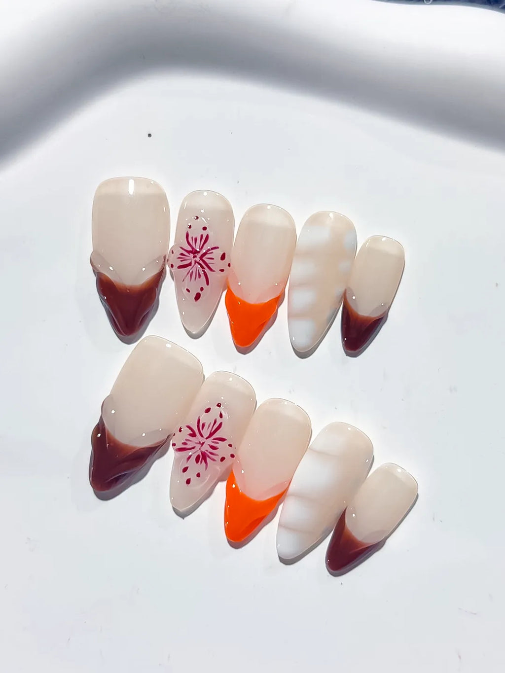 D380 - Medium Nude Brown Almond French tip Flower 3D