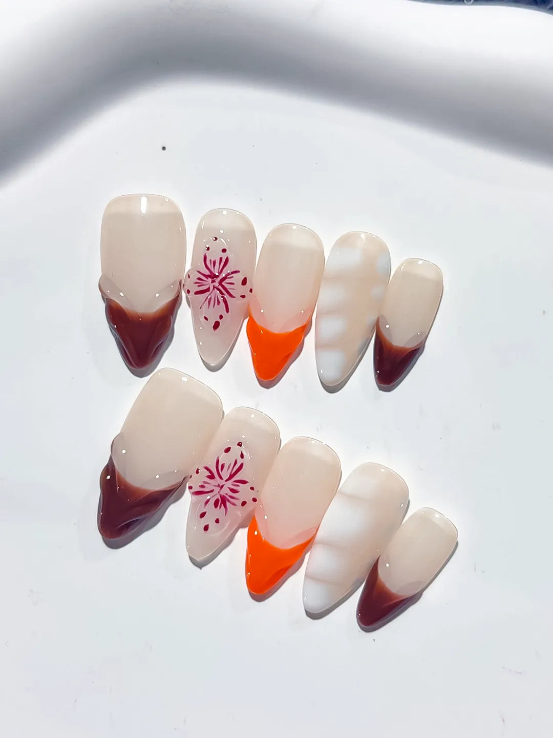 D380 - Medium Nude Brown Almond French tip Flower 3D