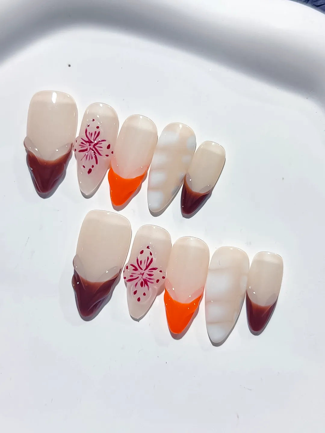 D380 - Medium Nude Brown Almond French tip Flower 3D