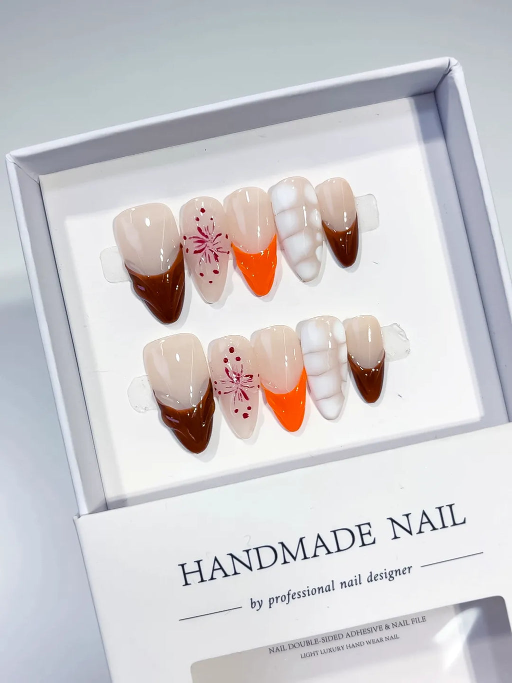 D380 - Medium Nude Brown Almond French tip Flower 3D
