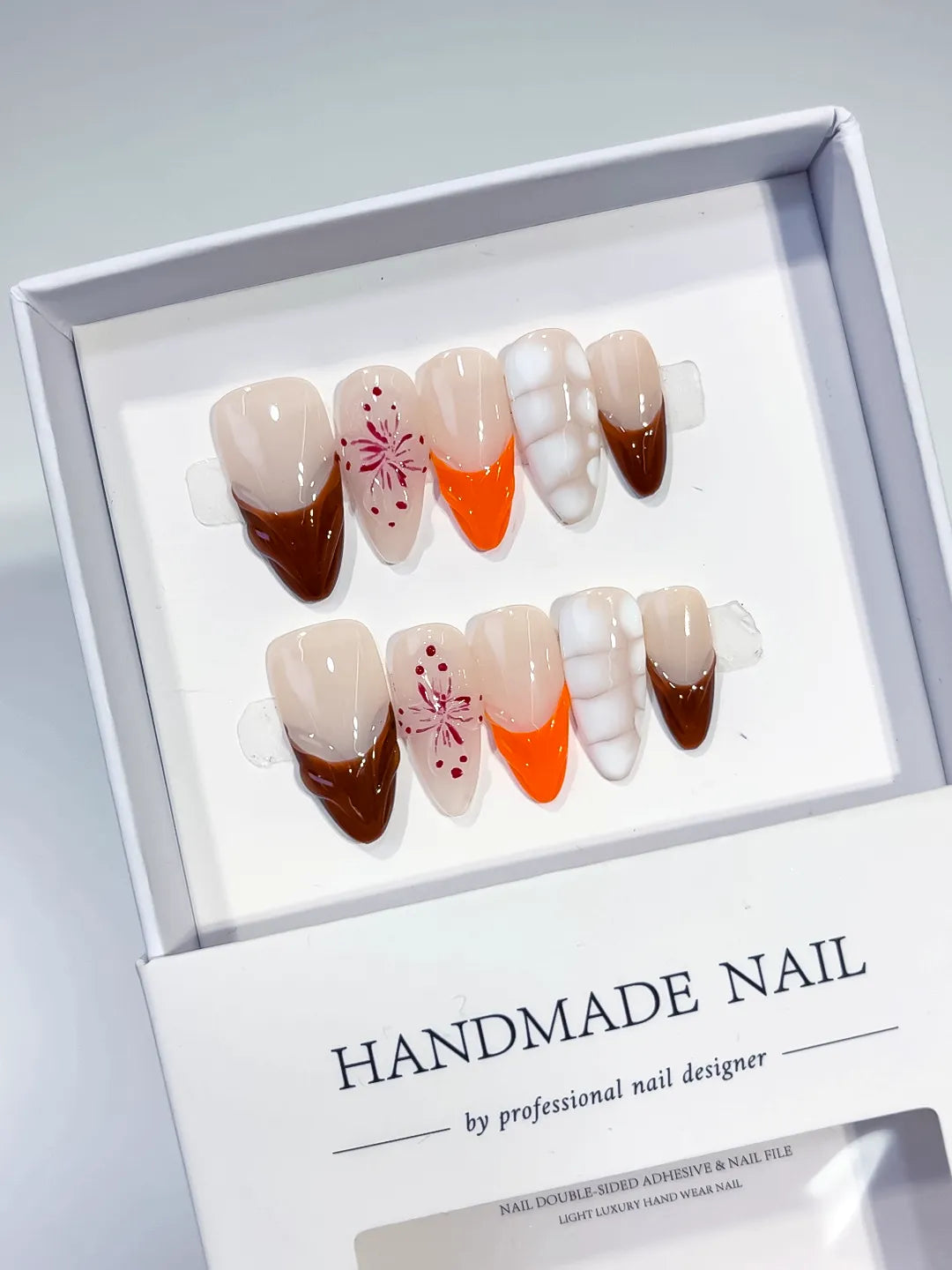 D380 - Medium Nude Brown Almond French tip Flower 3D