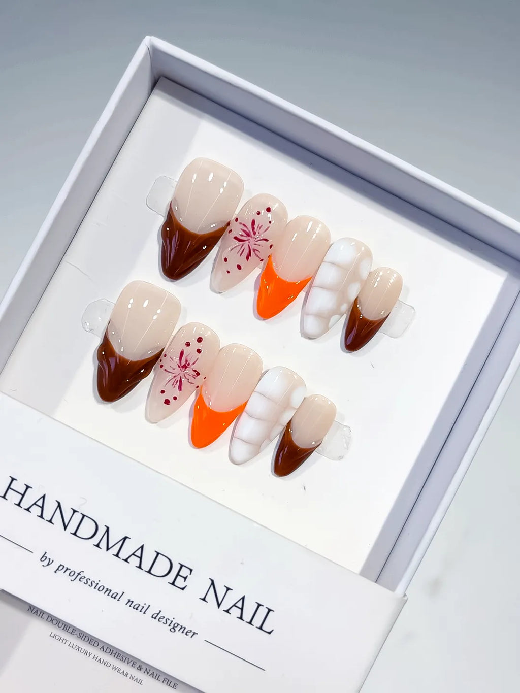 D380 - Medium Nude Brown Almond French tip Flower 3D