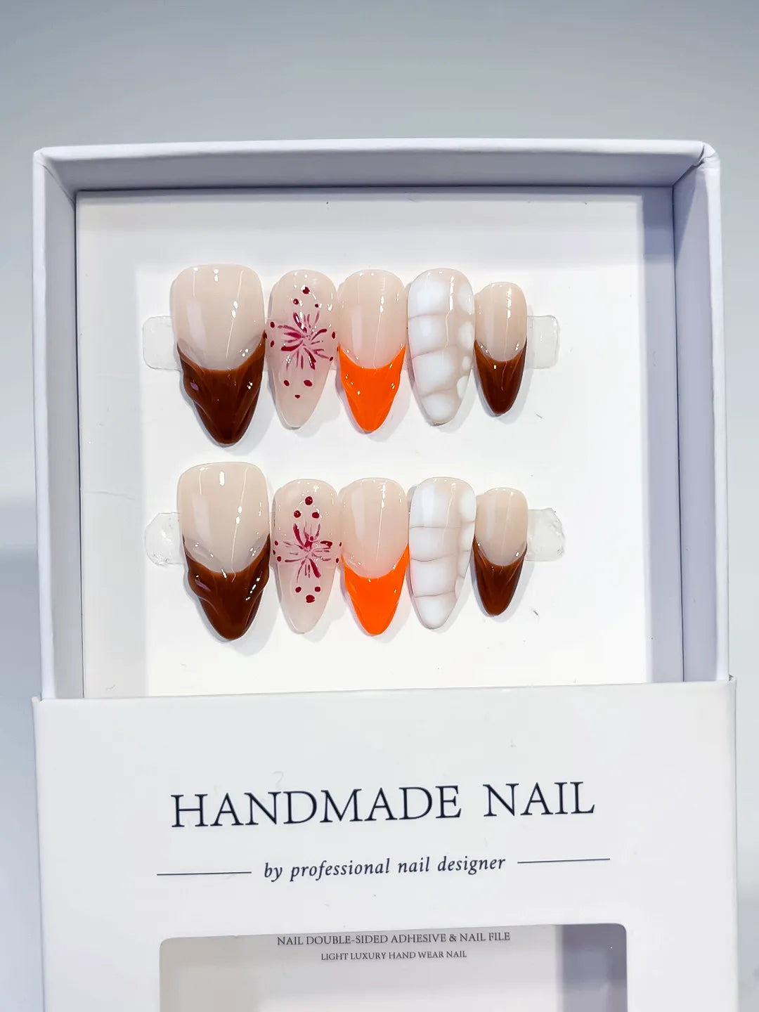 D380 - Medium Nude Brown Almond French tip Flower 3D