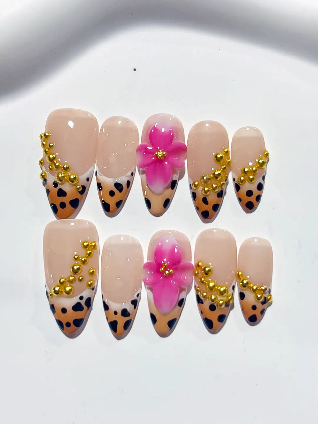 D382 - Medium Nude Black Almond French tip Flower Animal Print VibeNailsLab