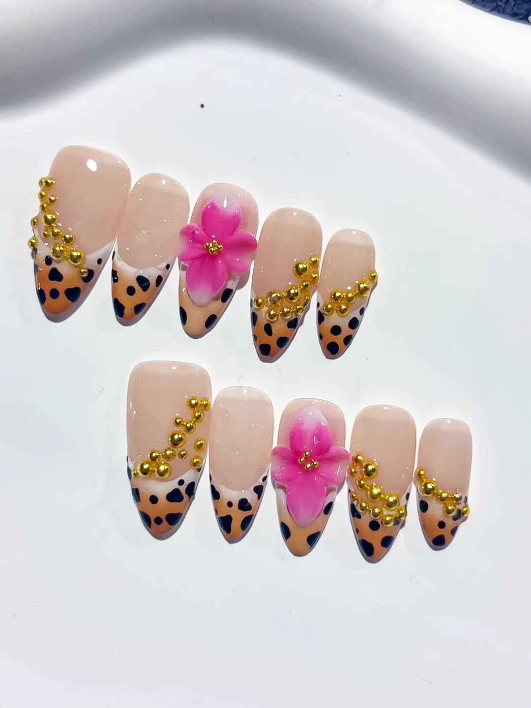 D382 - Medium Nude Black Almond French tip Flower Animal Print VibeNailsLab