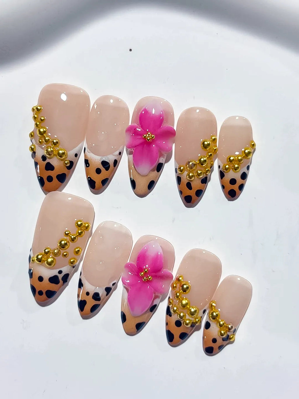 D382 - Medium Nude Black Almond French tip Flower Animal Print VibeNailsLab