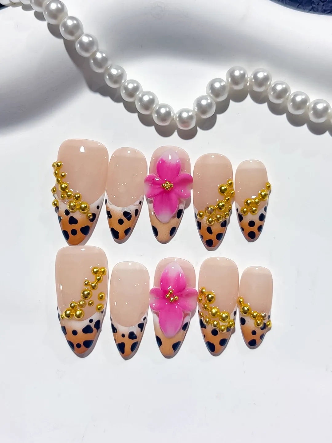 D382 - Medium Nude Black Almond French tip Flower Animal Print VibeNailsLab