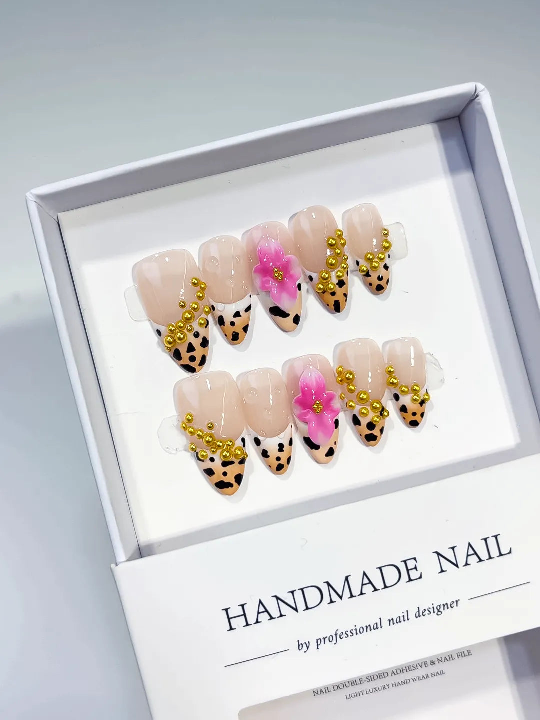 D382 - Medium Nude Black Almond French tip Flower Animal Print VibeNailsLab