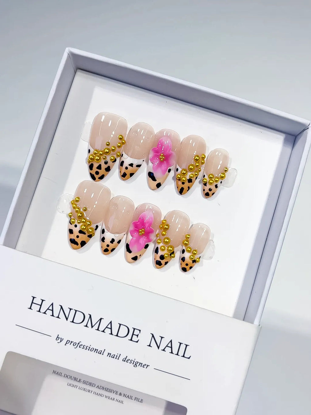 D382 - Medium Nude Black Almond French tip Flower Animal Print VibeNailsLab