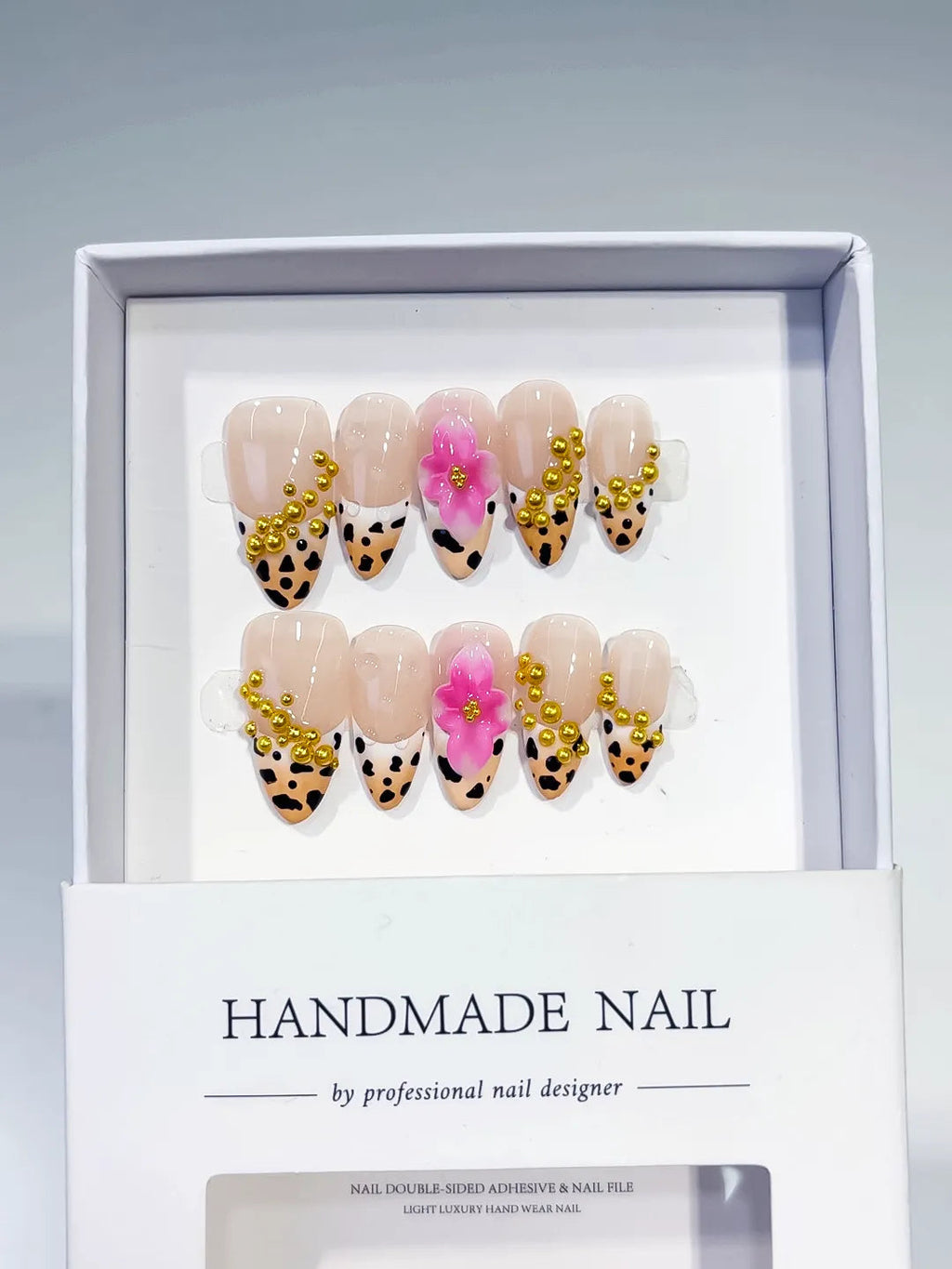D382 - Medium Nude Black Almond French tip Flower Animal Print VibeNailsLab