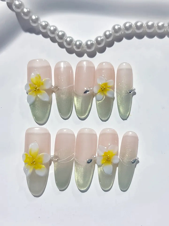D383 - Long Nude Gold Oval Metallic Flower Rhinestone