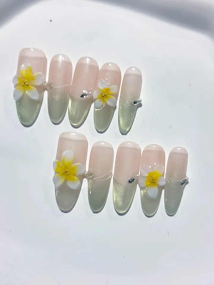 D383 - Long Nude Gold Oval Metallic Flower Rhinestone