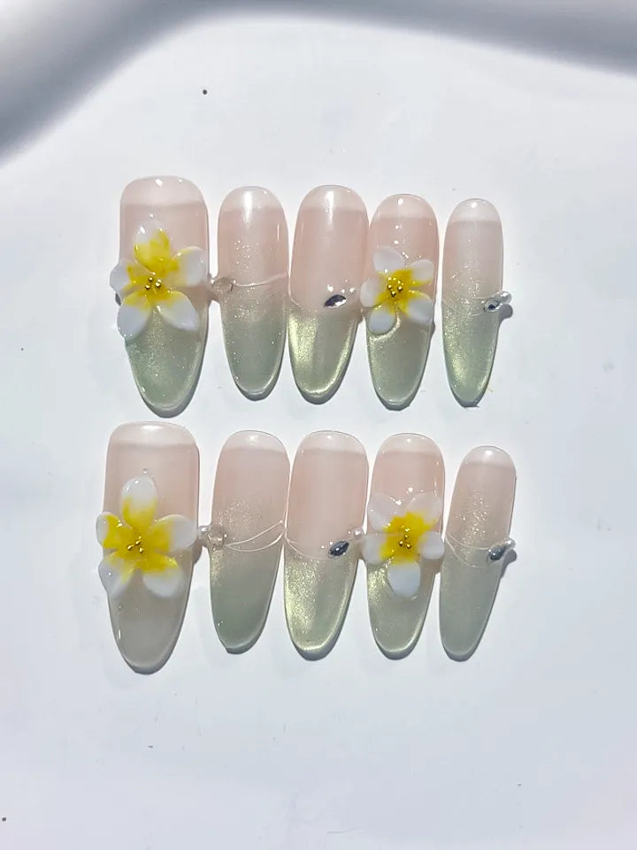 D383 - Long Nude Gold Oval Metallic Flower Rhinestone