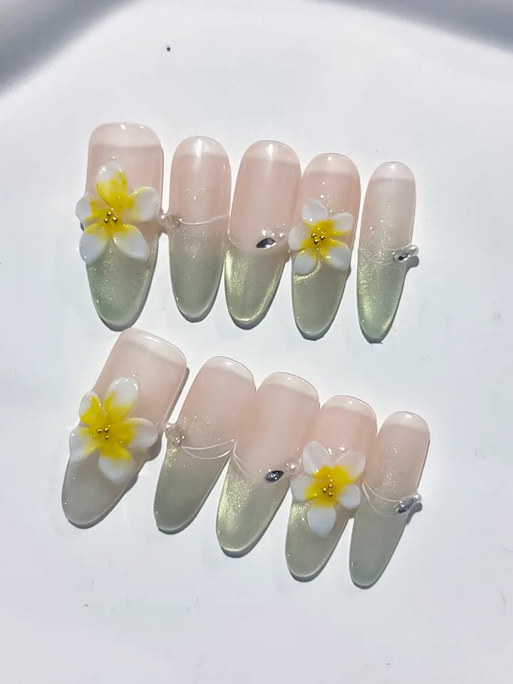 D383 - Long Nude Gold Oval Metallic Flower Rhinestone
