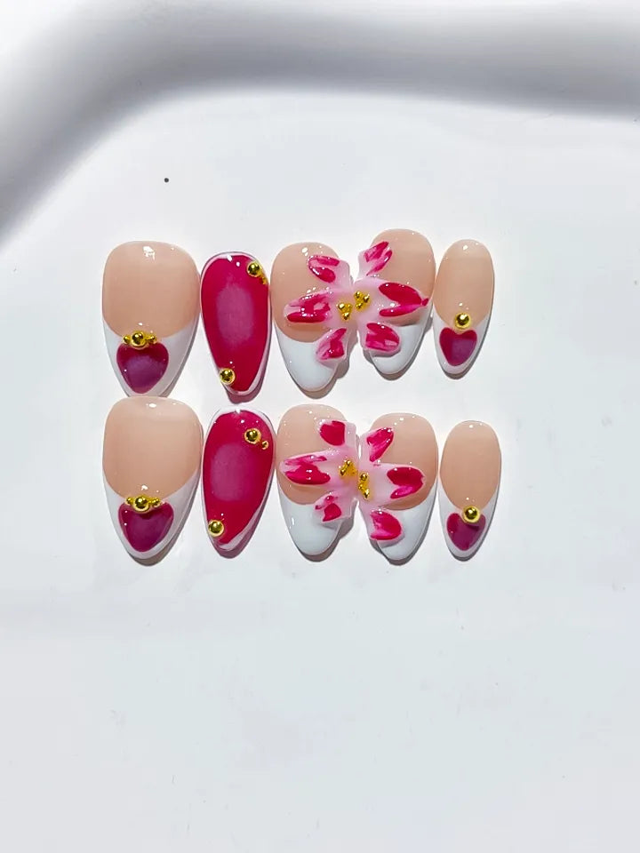 D384 - Short Nude White Almond French tip Flower Heart