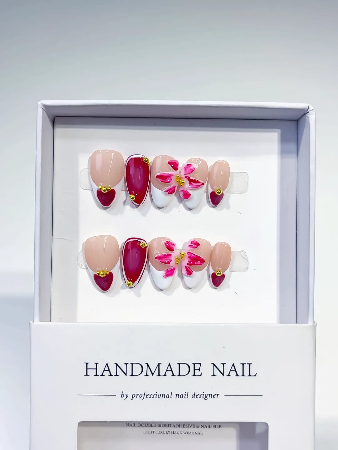 D384 - Short Nude White Almond French tip Flower Heart