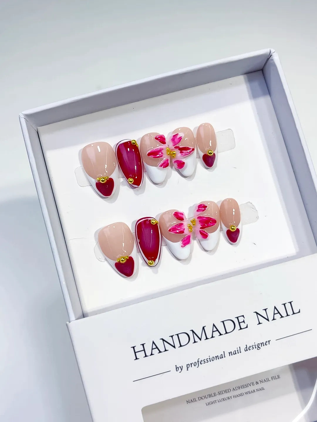 D384 - Short Nude White Almond French tip Flower Heart