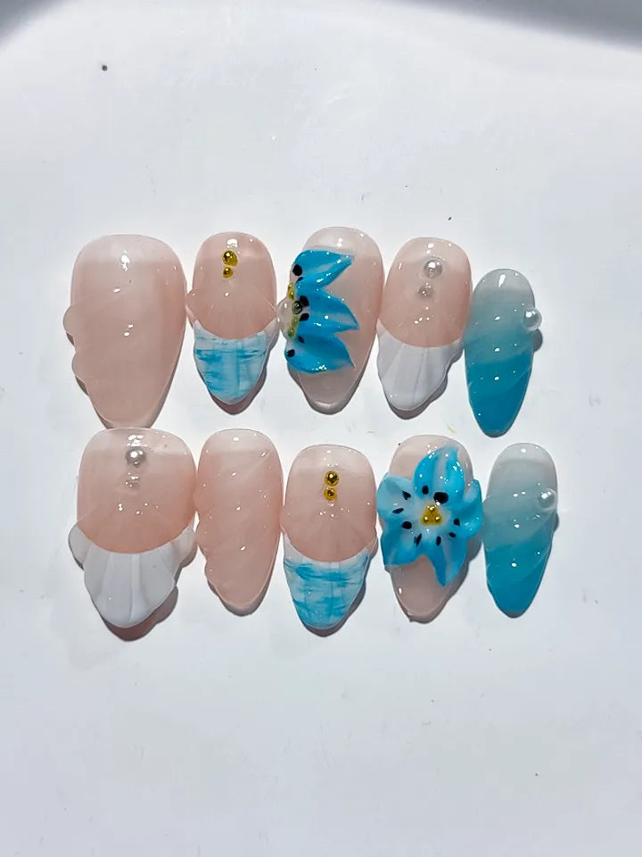 D385 - Short Nude White Almond French tip Flower Shell VibeNailsLab