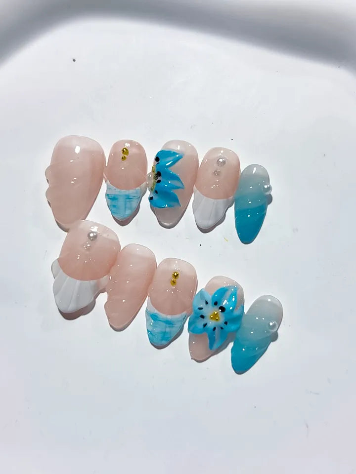 D385 - Short Nude White Almond French tip Flower Shell VibeNailsLab