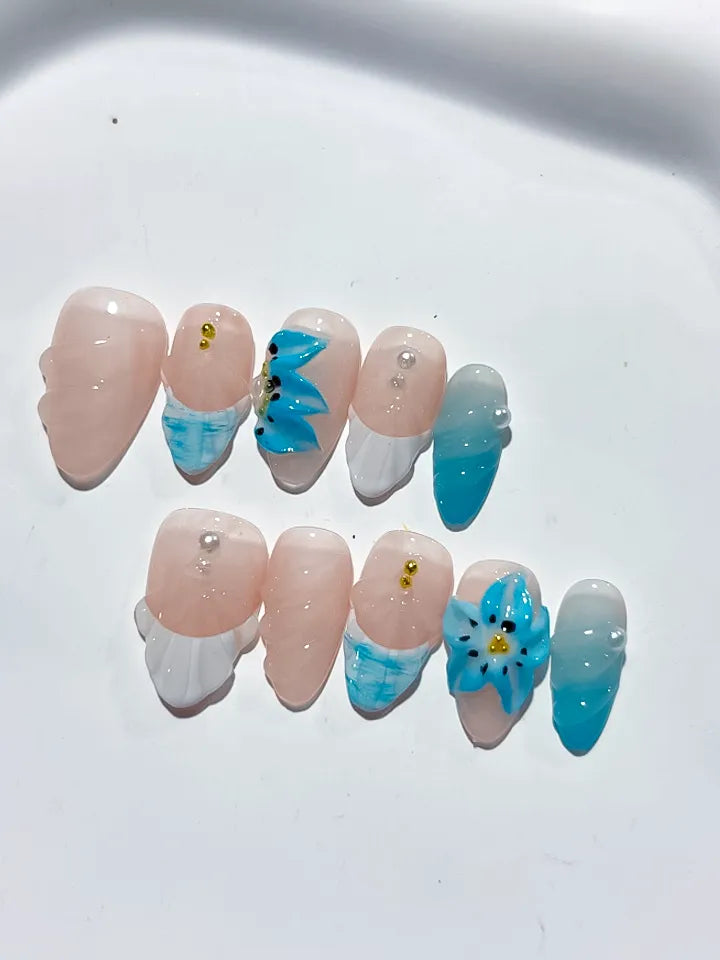 D385 - Short Nude White Almond French tip Flower Shell VibeNailsLab