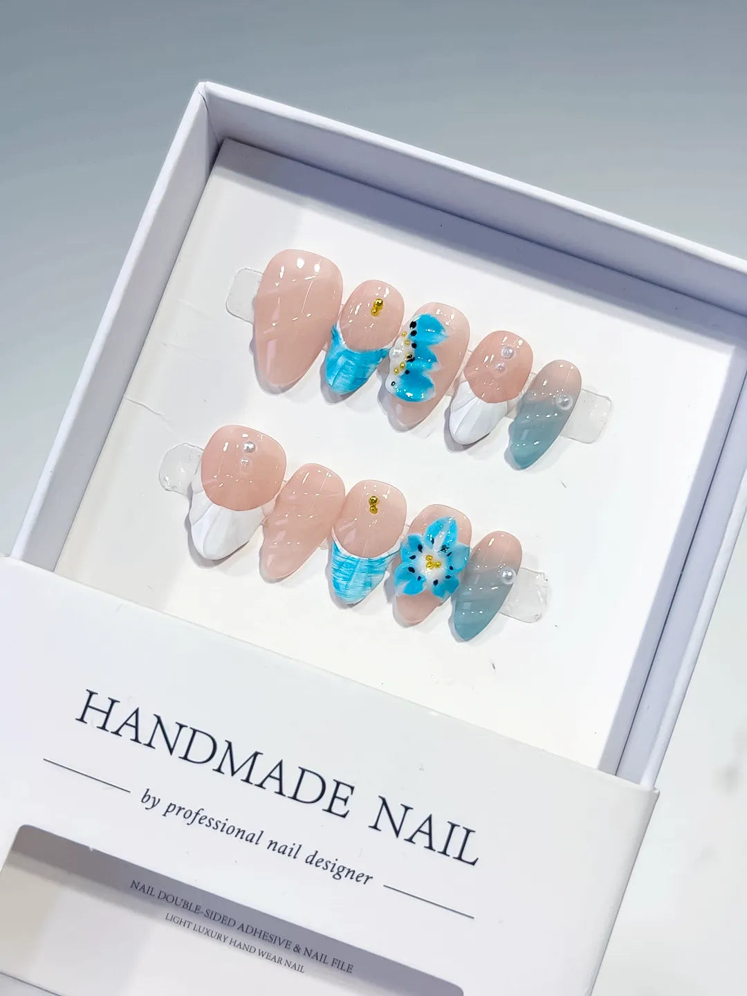 D385 - Short Nude White Almond French tip Flower Shell VibeNailsLab