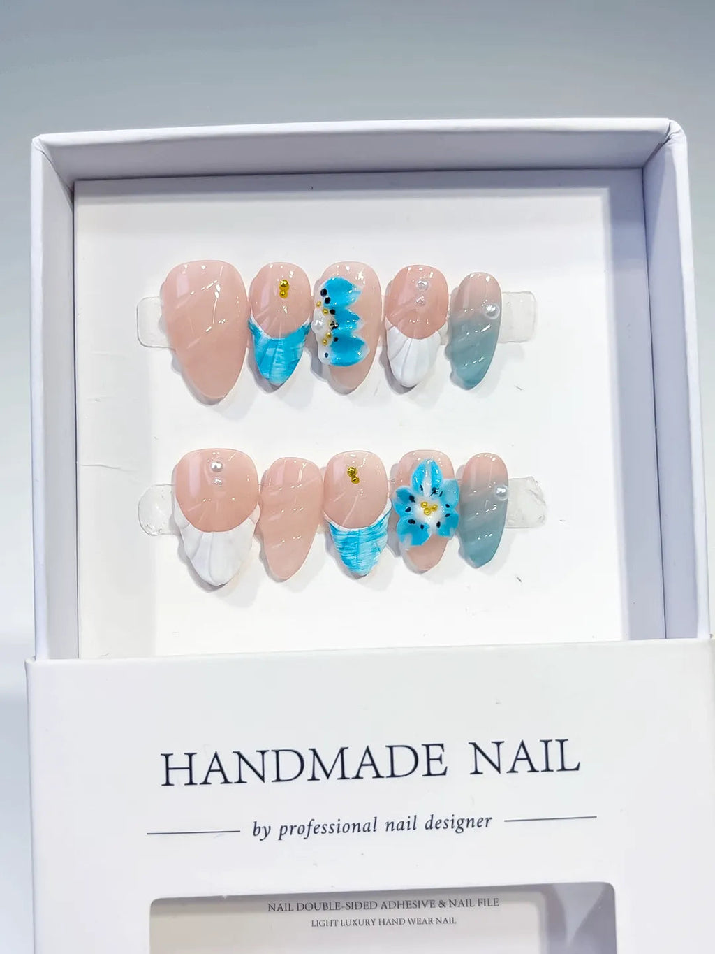 D385 - Short Nude White Almond French tip Flower Shell VibeNailsLab