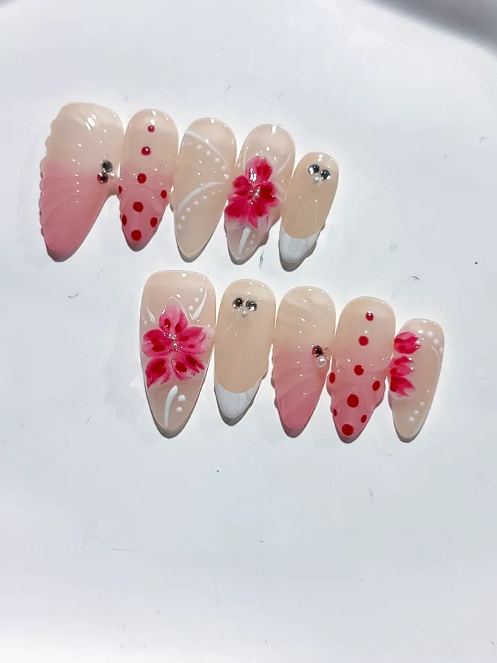 D386 - Medium Nude Pink Almond Ombre Flower Dot Pattern VibeNailsLab