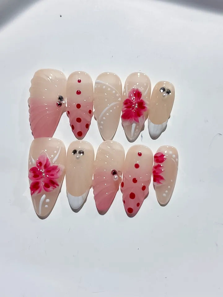 D386 - Medium Nude Pink Almond Ombre Flower Dot Pattern VibeNailsLab