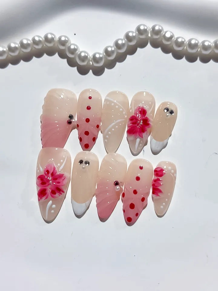D386 - Medium Nude Pink Almond Ombre Flower Dot Pattern VibeNailsLab