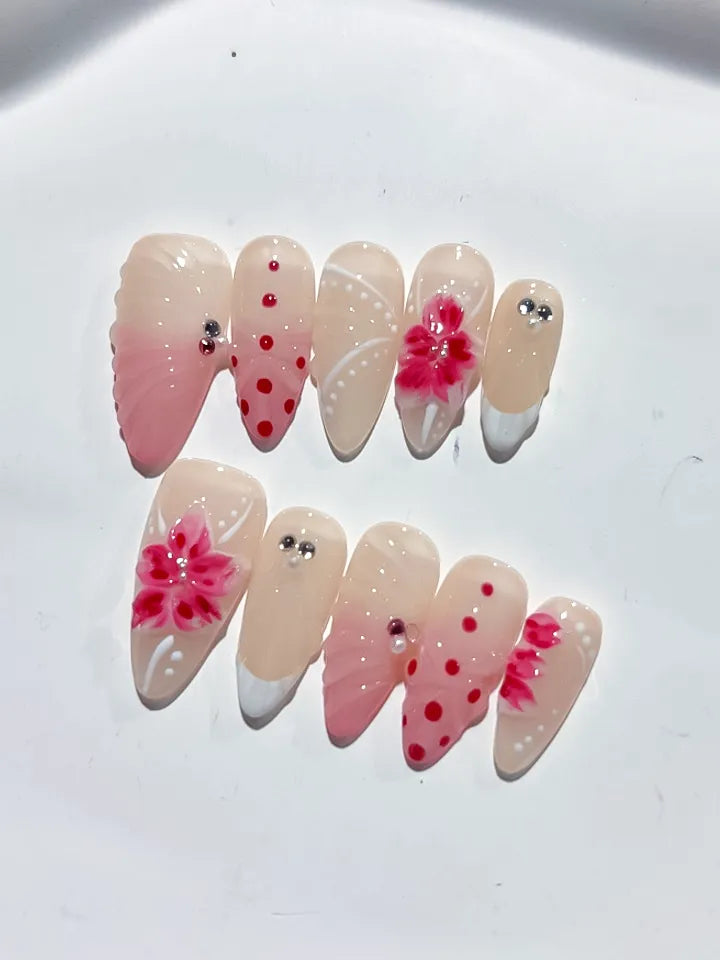 D386 - Medium Nude Pink Almond Ombre Flower Dot Pattern VibeNailsLab