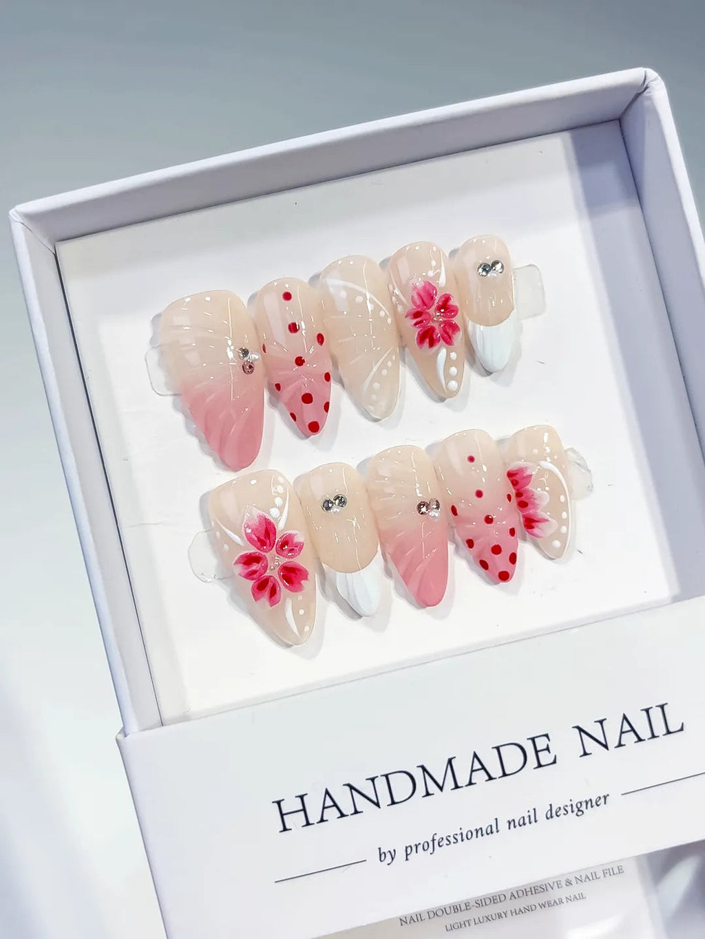 D386 - Medium Nude Pink Almond Ombre Flower Dot Pattern VibeNailsLab