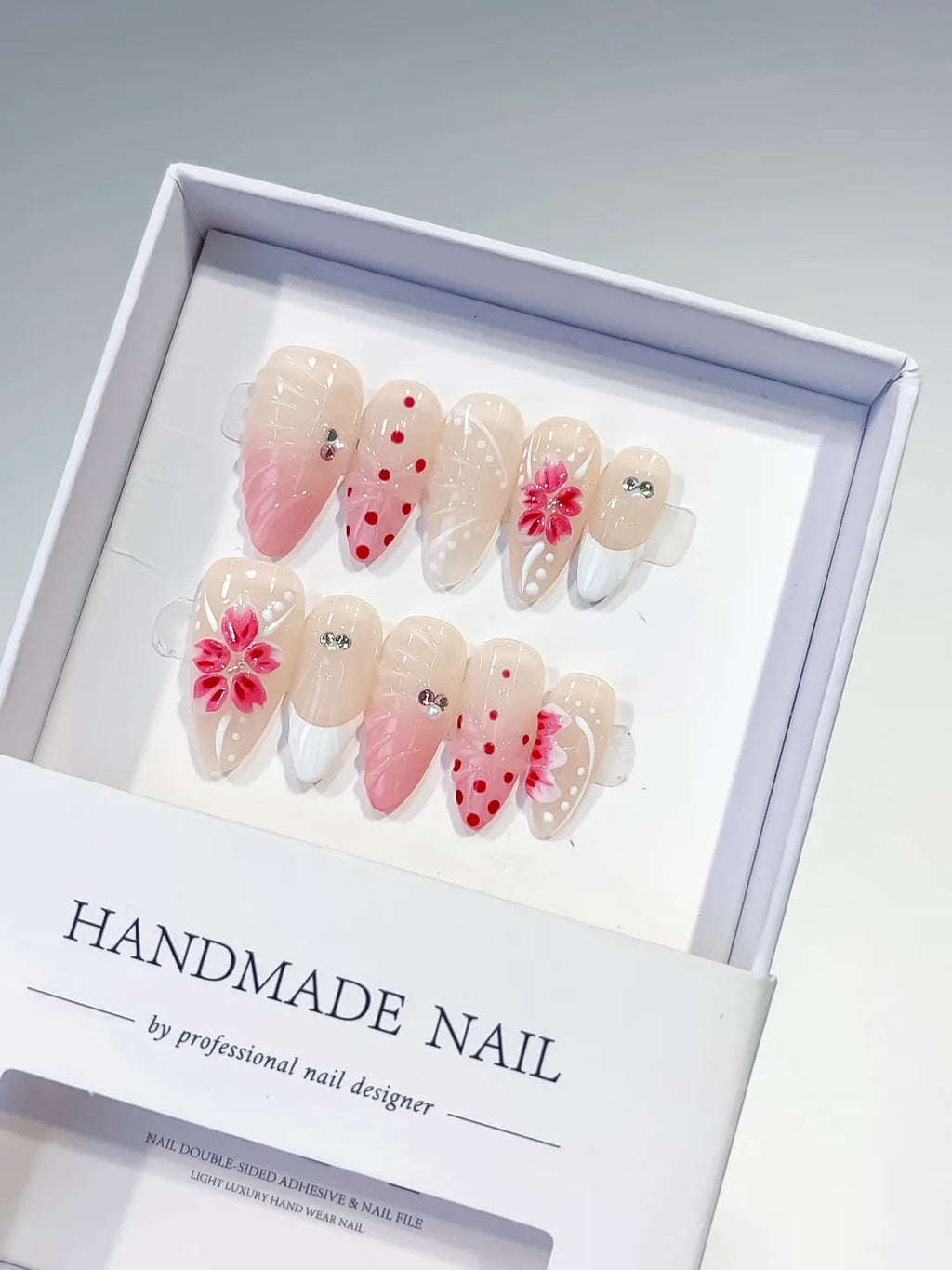 D386 - Medium Nude Pink Almond Ombre Flower Dot Pattern VibeNailsLab