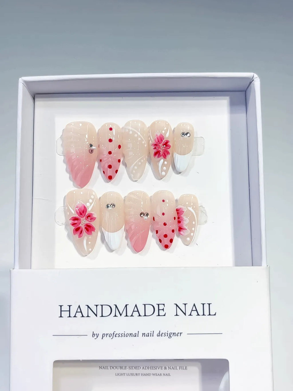 D386 - Medium Nude Pink Almond Ombre Flower Dot Pattern VibeNailsLab