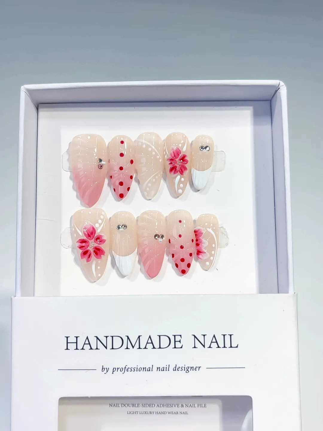 D386 - Medium Nude Pink Almond Ombre Flower Dot Pattern VibeNailsLab