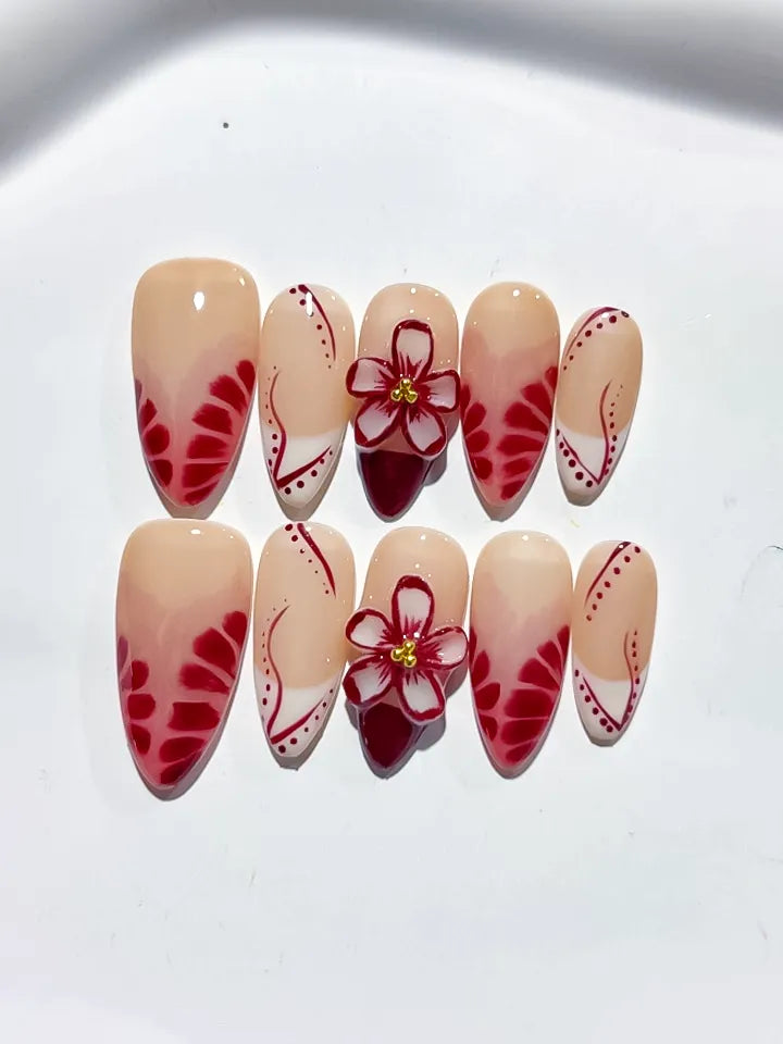 D388 - Medium Nude Red Almond French tip Flower