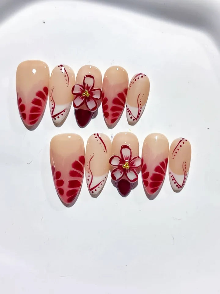 D388 - Medium Nude Red Almond French tip Flower