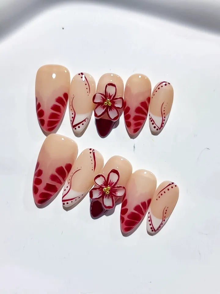 D388 - Medium Nude Red Almond French tip Flower