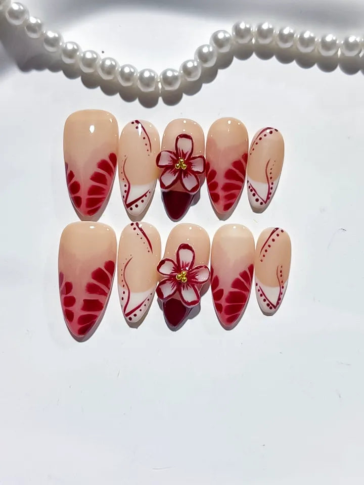 D388 - Medium Nude Red Almond French tip Flower