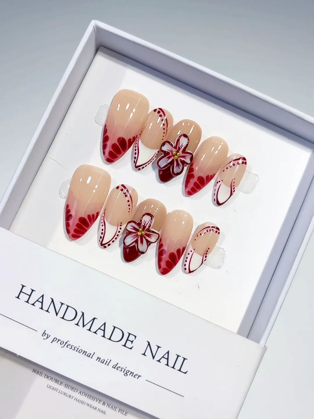 D388 - Medium Nude Red Almond French tip Flower