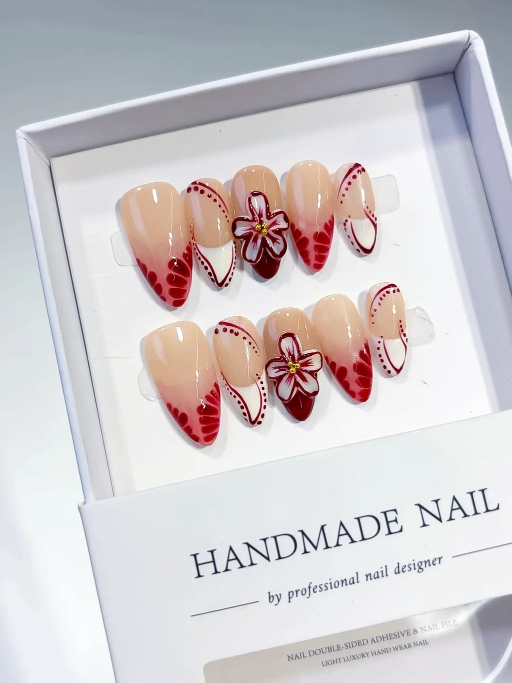 D388 - Medium Nude Red Almond French tip Flower