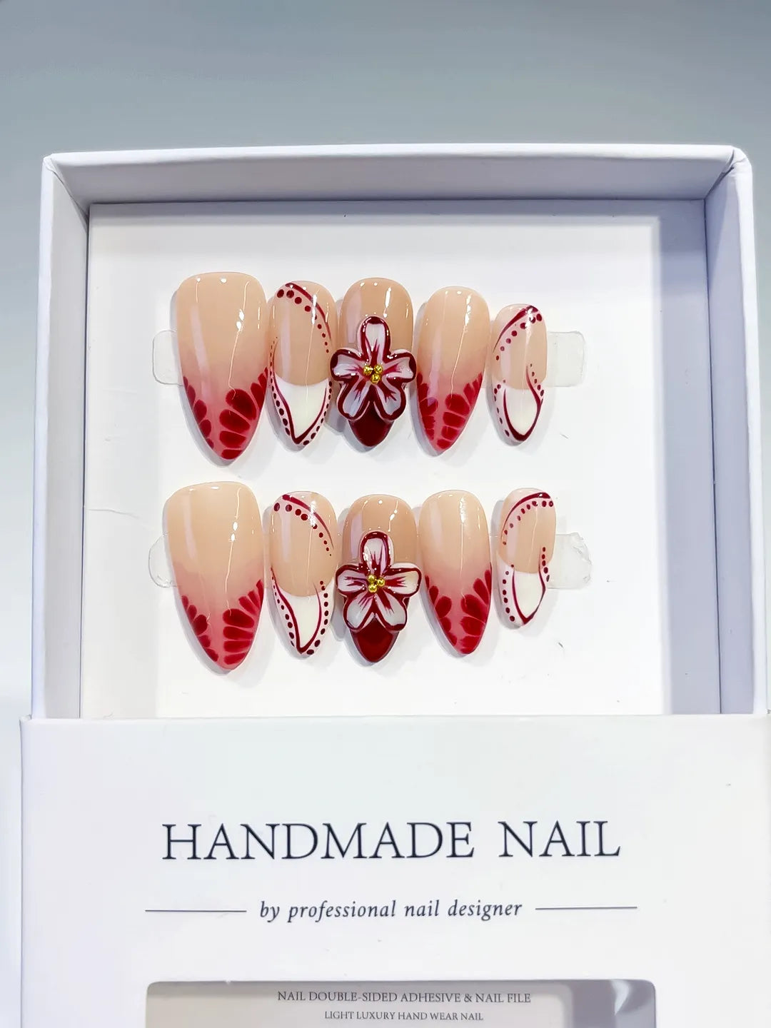 D388 - Medium Nude Red Almond French tip Flower