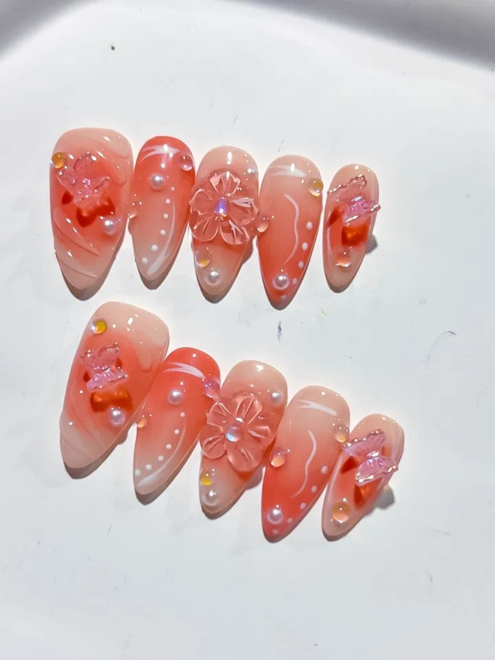 D389 - Medium Nude White Almond Ombre Butterfly Pearl VibeNailsLab