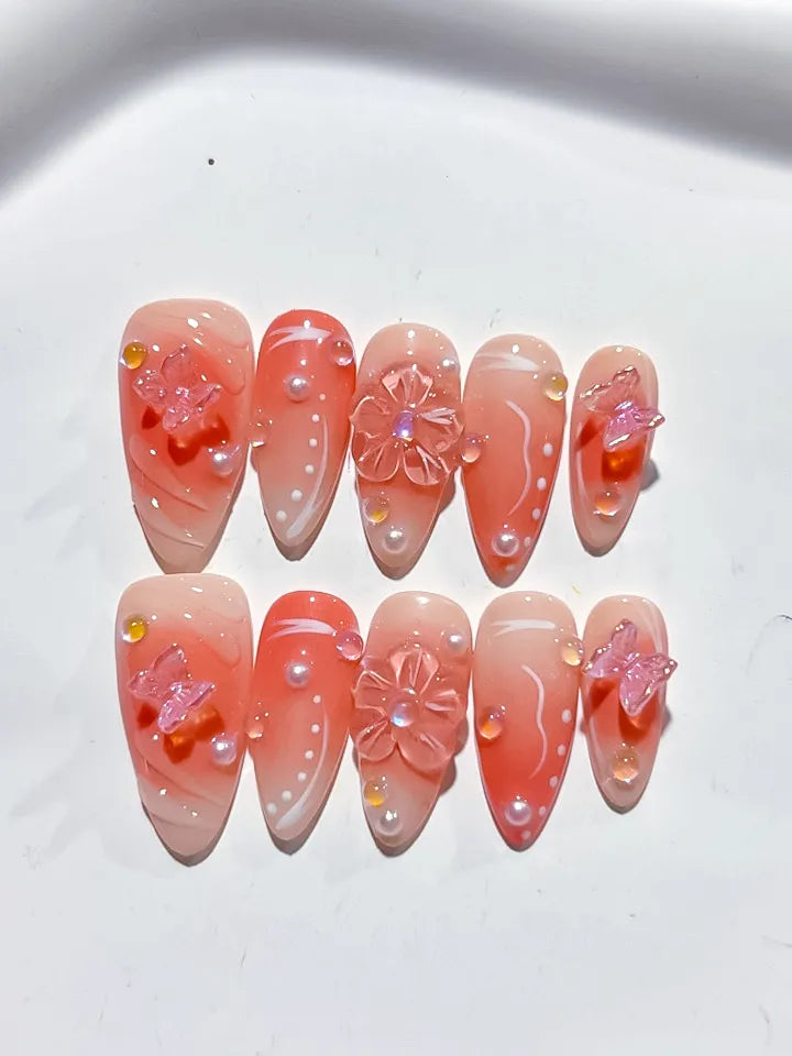 D389 - Medium Nude White Almond Ombre Butterfly Pearl VibeNailsLab