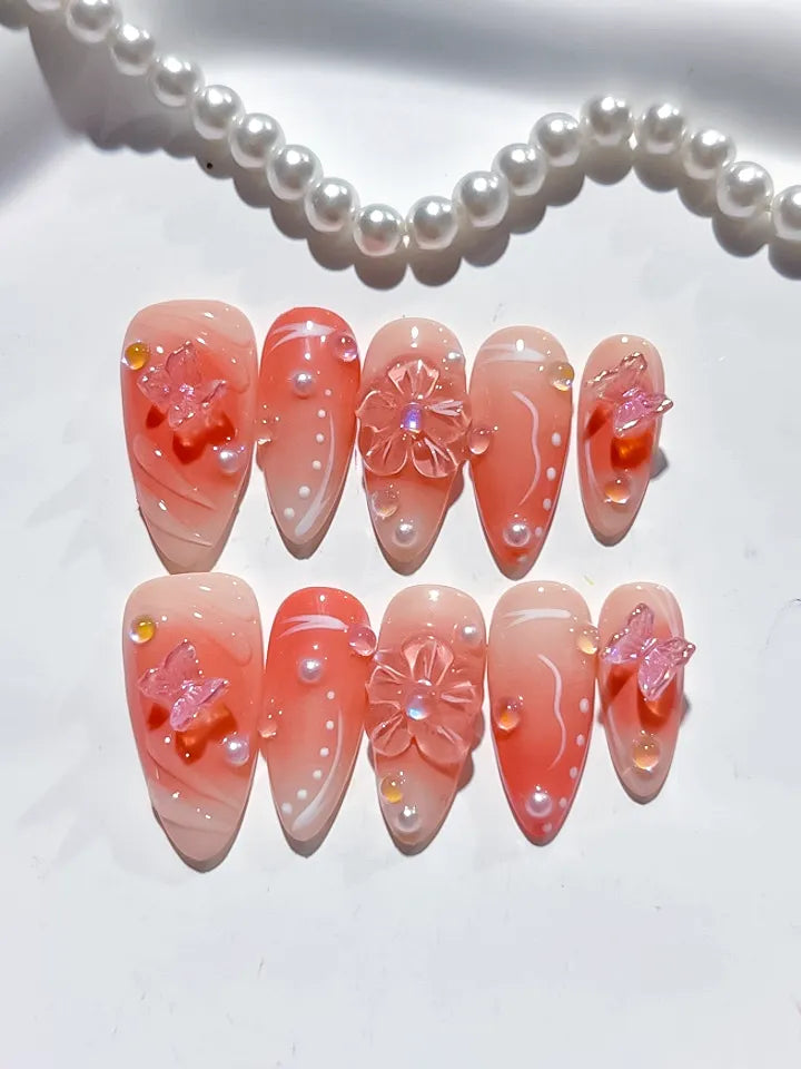D389 - Medium Nude White Almond Ombre Butterfly Pearl VibeNailsLab