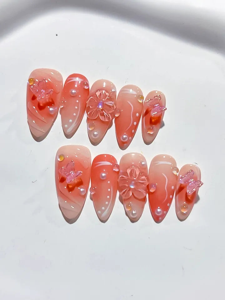 D389 - Medium Nude White Almond Ombre Butterfly Pearl VibeNailsLab