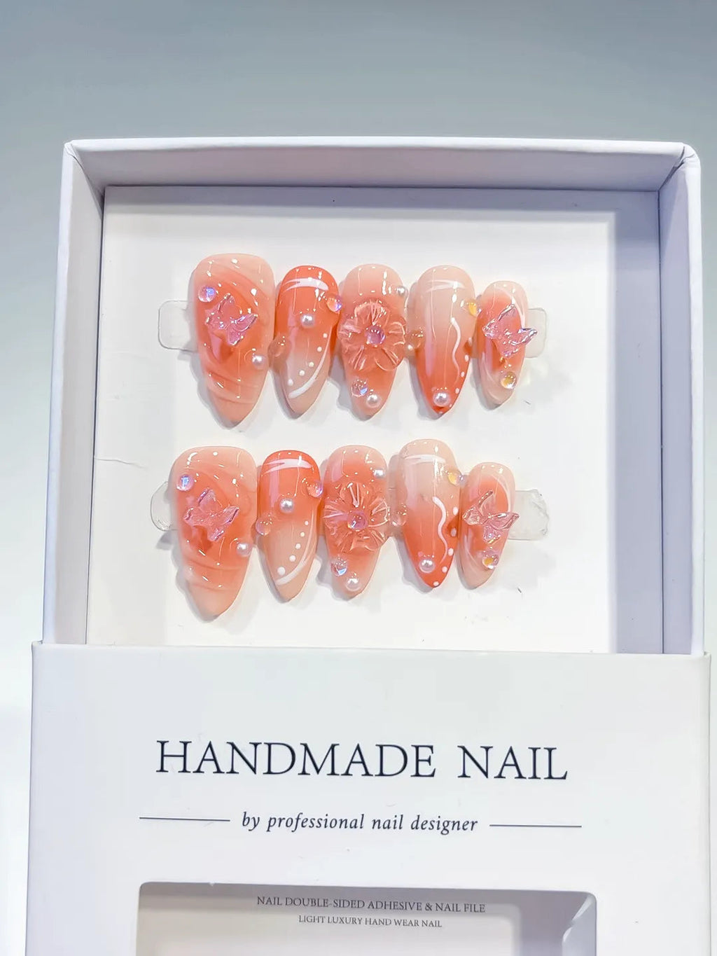 D389 - Medium Nude White Almond Ombre Butterfly Pearl VibeNailsLab