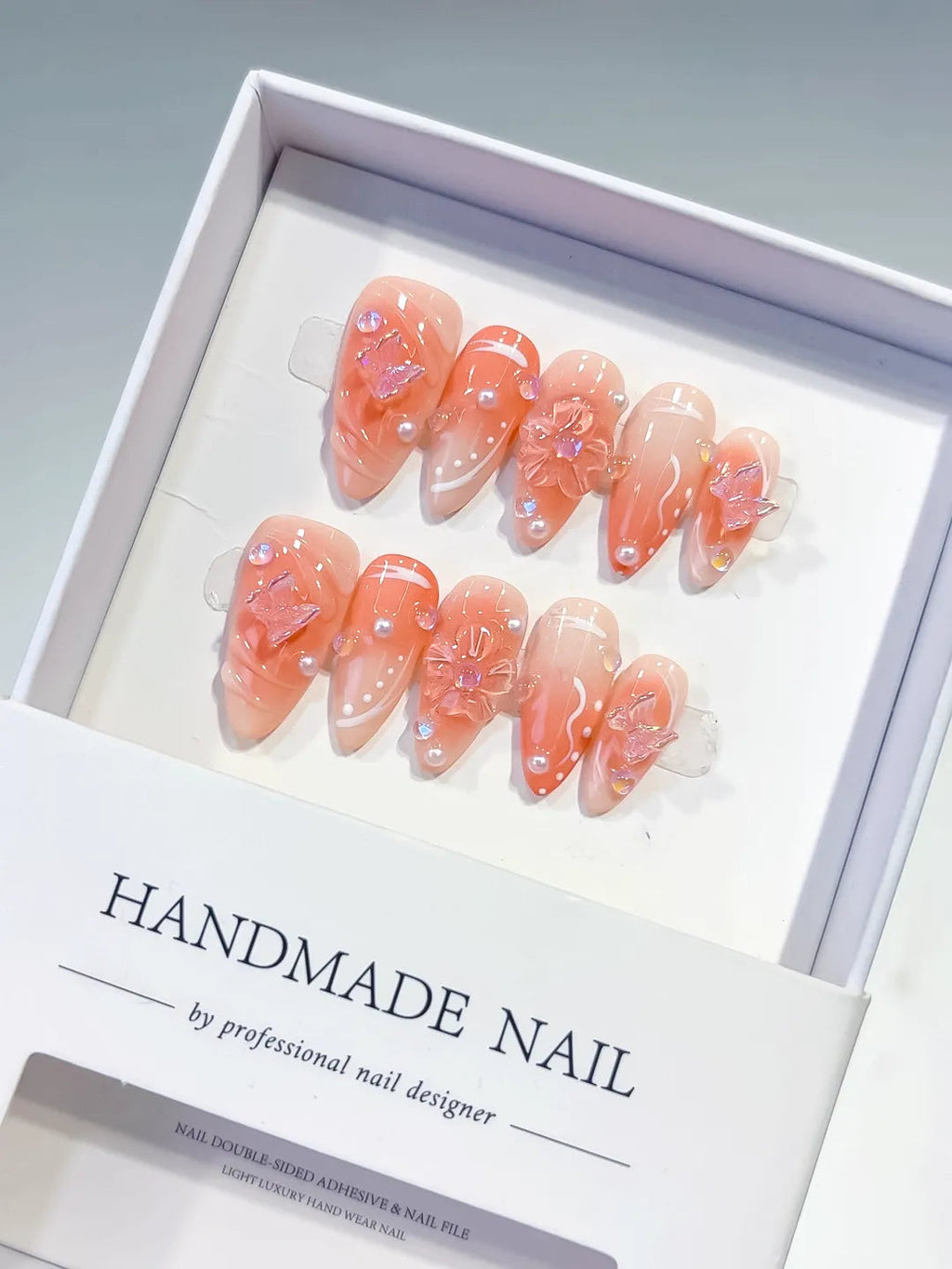 D389 - Medium Nude White Almond Ombre Butterfly Pearl VibeNailsLab