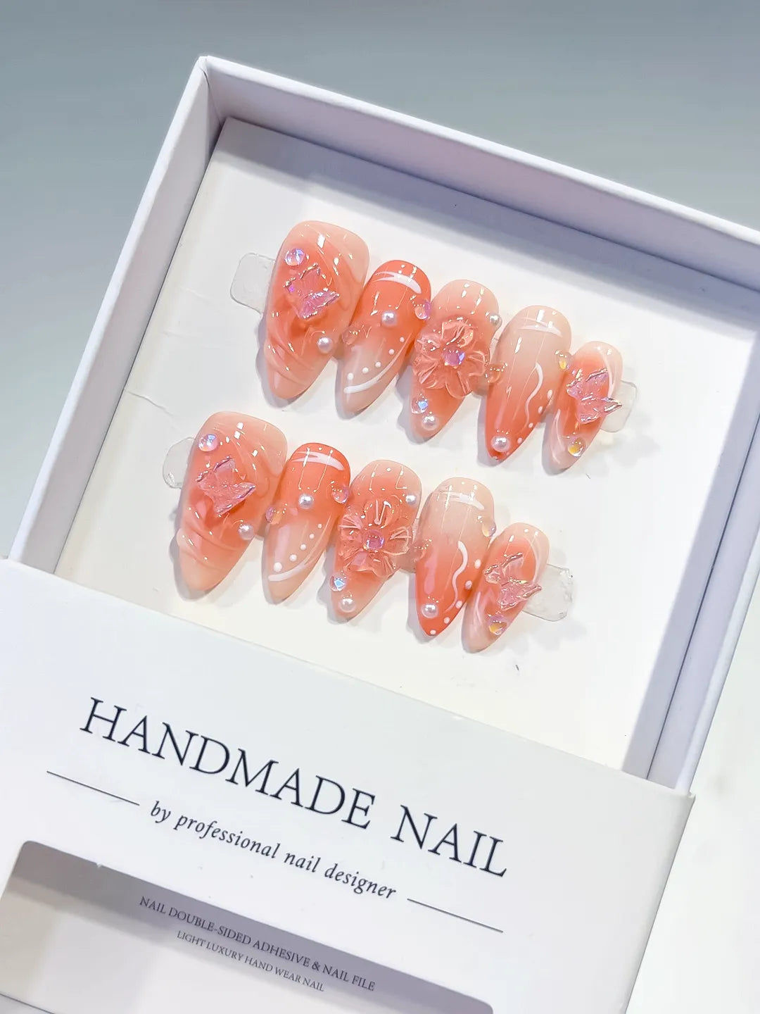 D389 - Medium Nude White Almond Ombre Butterfly Pearl VibeNailsLab